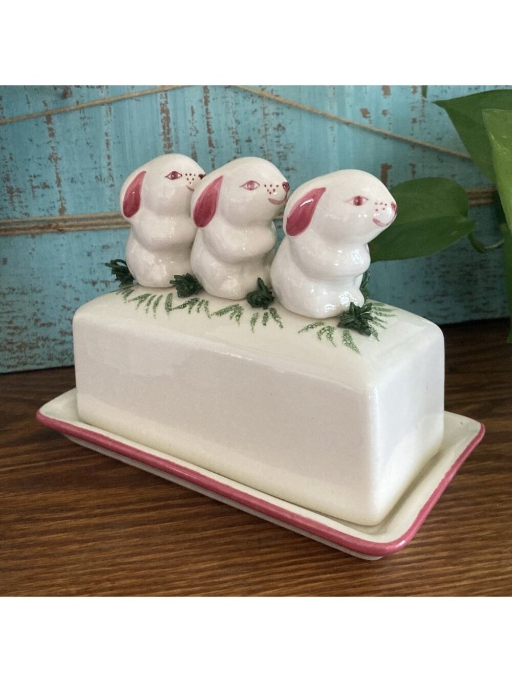 Hand Painted Triple Easter Heart Nose Bunny Rabbits Spring Butter Dish Ceramic